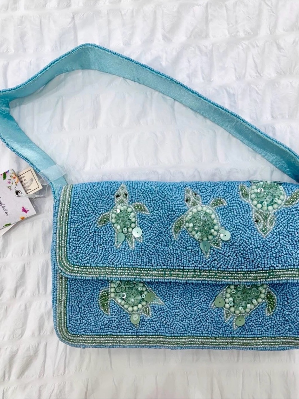 Beaded Sea Turtle Shoulder Bag - Blue